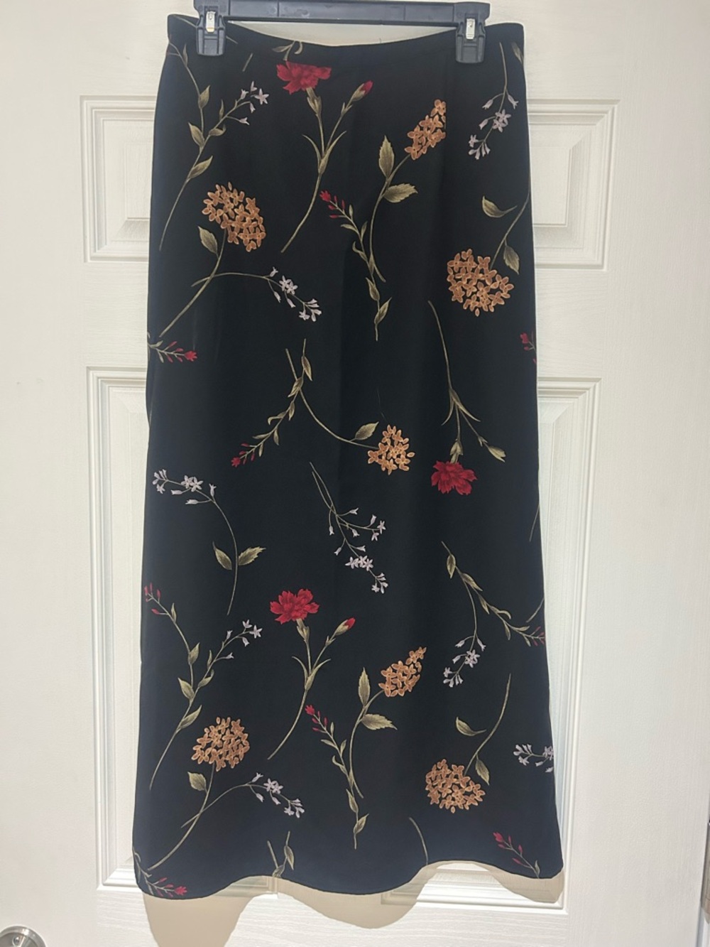 Worthington Black Maxi Skirt with Red and Tan Floral Motif